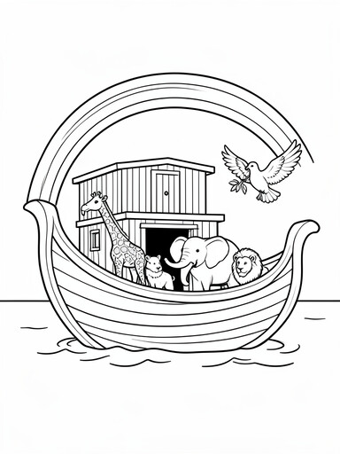 Noah's Ark with rainbow above, dove carrying olive branch, and animals at the door coloring page
