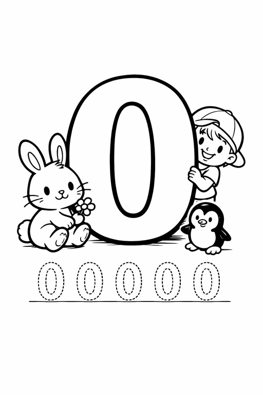 Free printable number 0 coloring page for kids with extra tracing practice PDF preview