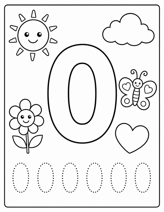 Number 0 coloring page showing large 0, tracing rows, and counting details PDF preview