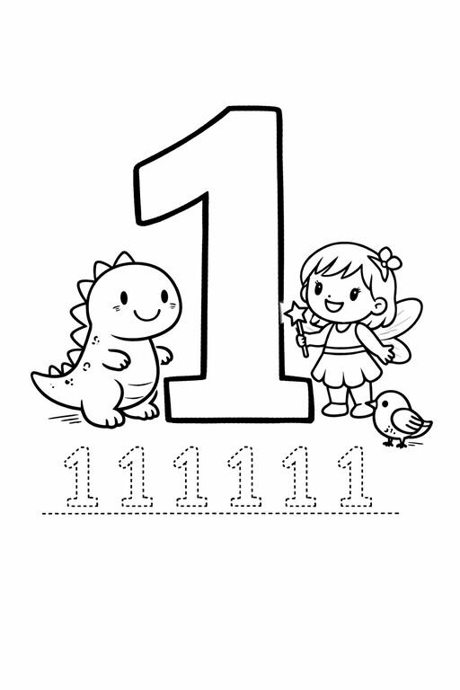 Free printable number 1 coloring page for kids with one-to-one counting practice PDF preview