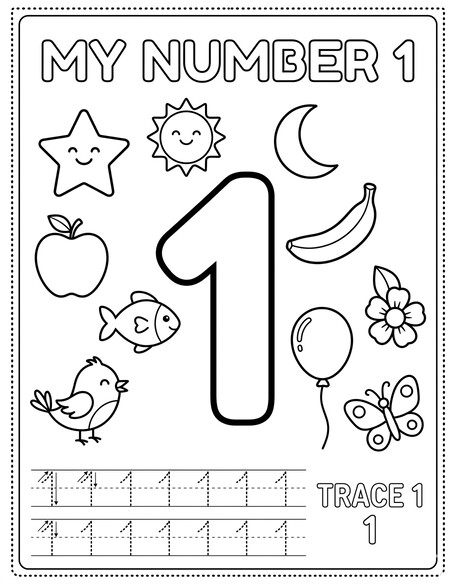 Number 1 coloring page showing large 1, tracing rows, and counting details PDF preview