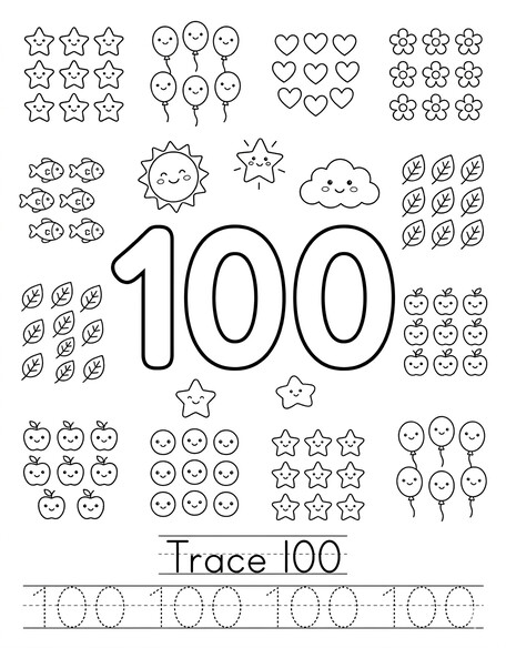 Free printable number 100 coloring page for kids with hundreds-place practice