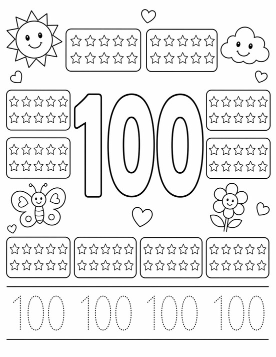 Number 100 coloring page showing large 100, tracing rows, and counting details PDF preview