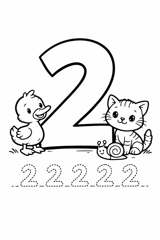 Free printable number 2 coloring page for kids with pair matching practice PDF preview