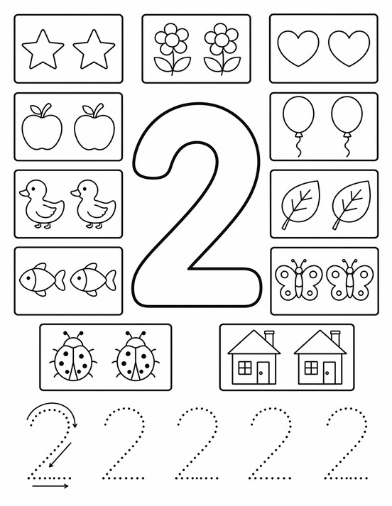 Number 2 coloring page showing large 2, tracing rows, and counting details PDF preview