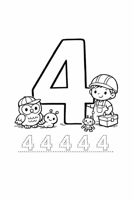 Free printable number 4 coloring page for kids with corner counting practice PDF preview