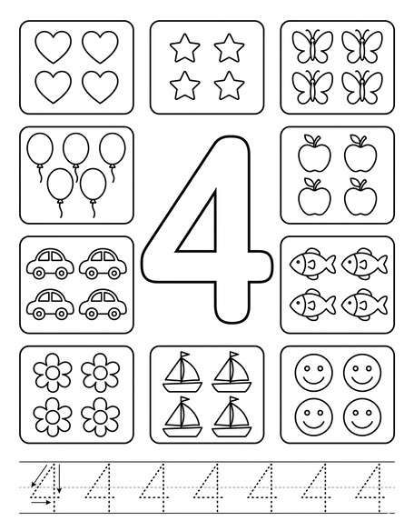 Number 4 coloring page showing large 4, tracing rows, and counting details PDF preview