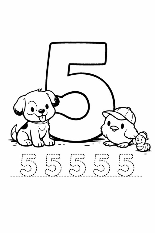 Free printable number 5 coloring page for kids with finger counting practice PDF preview