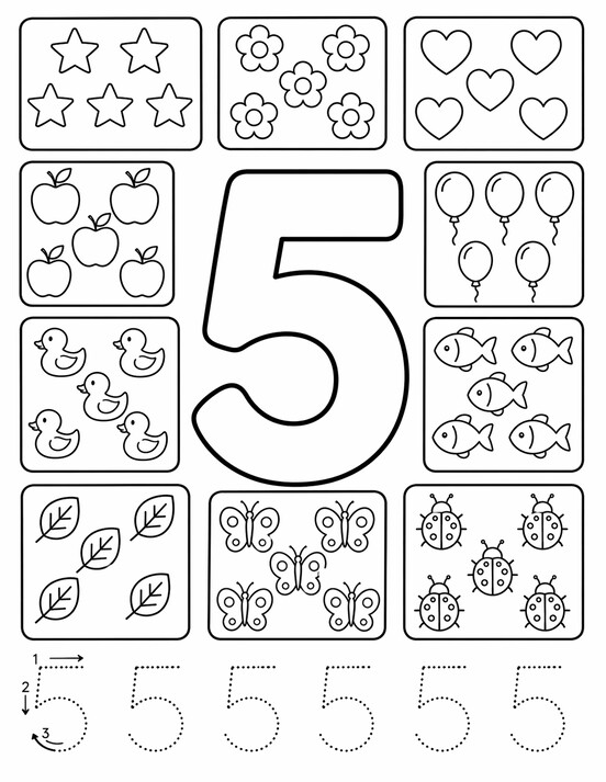 Number 5 coloring page showing large 5, tracing rows, and counting details PDF preview