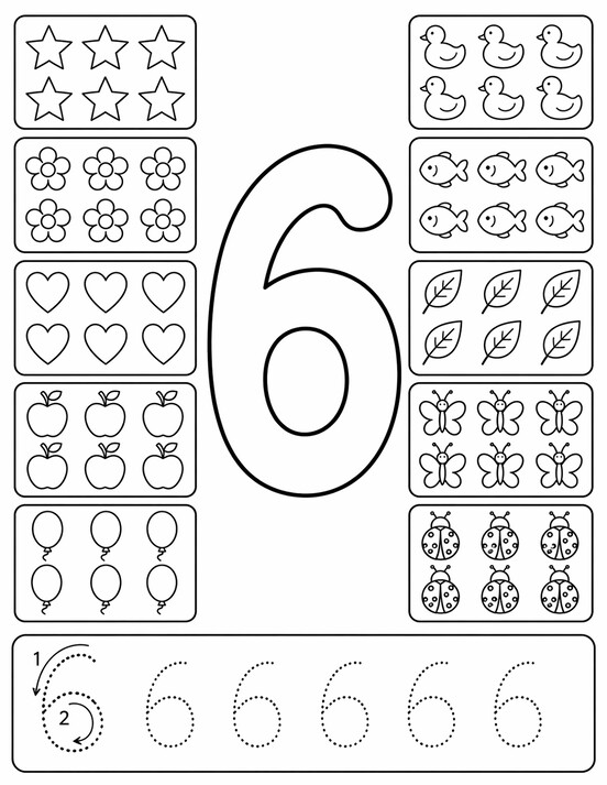 Number 6 coloring page showing large 6, tracing rows, and counting details PDF preview