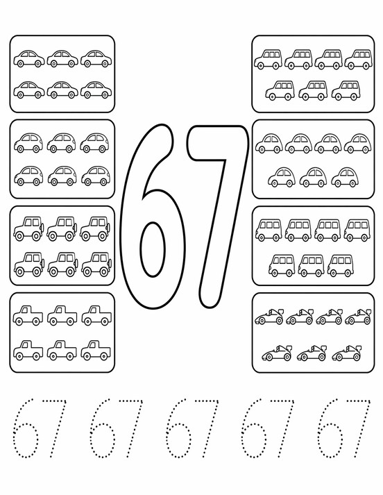 Free printable number 67 coloring page for kids with place value practice