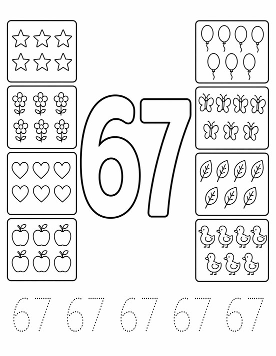 Number 67 coloring page showing large 67, tracing rows, and counting details PDF preview