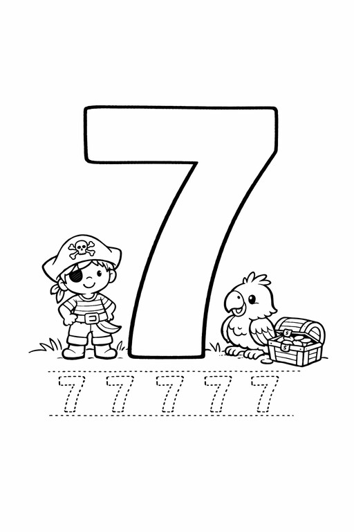 Free printable number 7 coloring page for kids with seven-day counting practice PDF preview