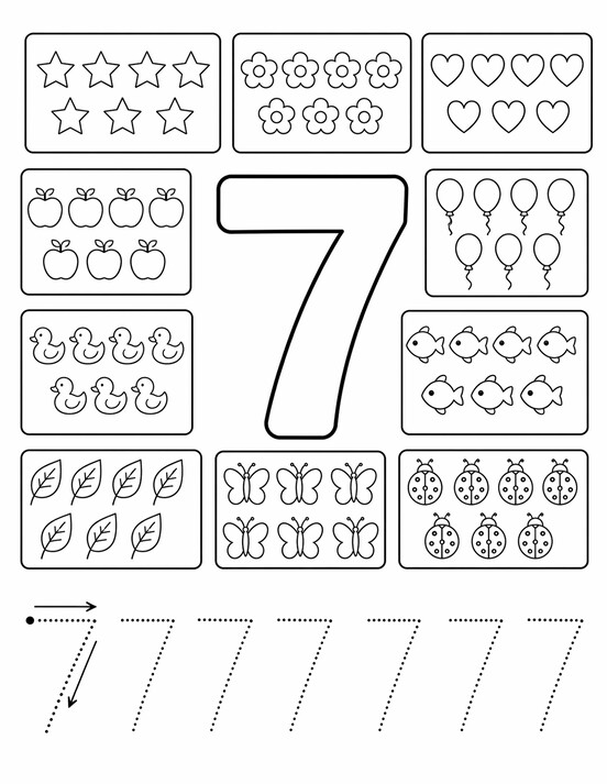 Number 7 coloring page showing large 7, tracing rows, and counting details PDF preview
