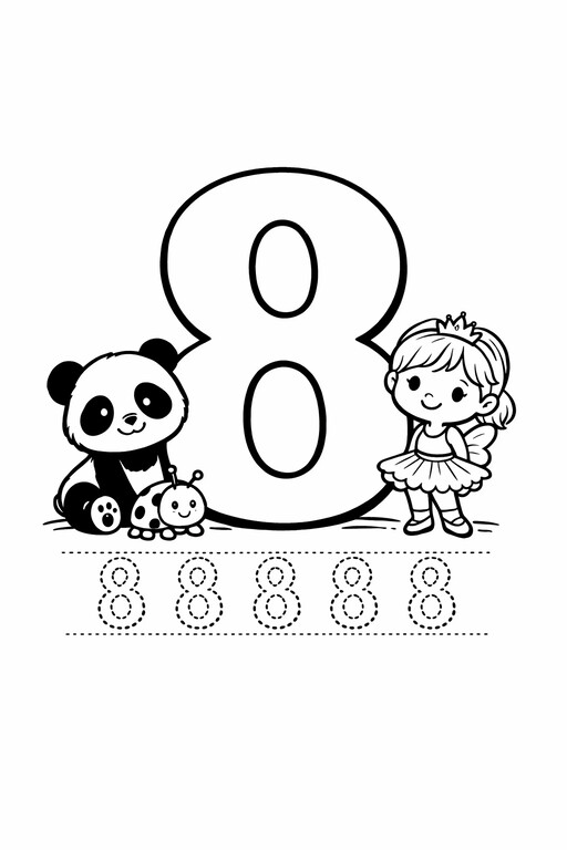 Free printable number 8 coloring page for kids with loop tracing practice PDF preview