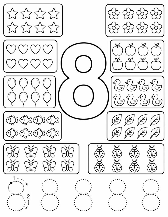 Number 8 coloring page showing large 8, tracing rows, and counting details PDF preview