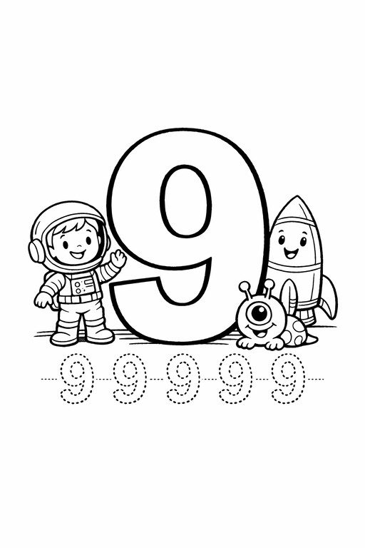 Free printable number 9 coloring page for kids with place value practice PDF preview