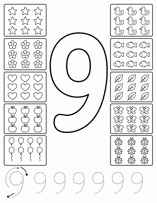 Number 9 coloring page showing large 9, tracing rows, and counting details PDF preview