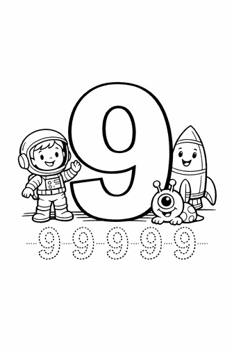 Number 9 coloring page with tracing