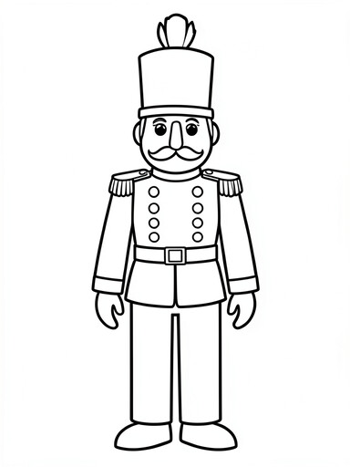 Nutcracker soldier coloring page showing a wooden toy figure in a plumed hat