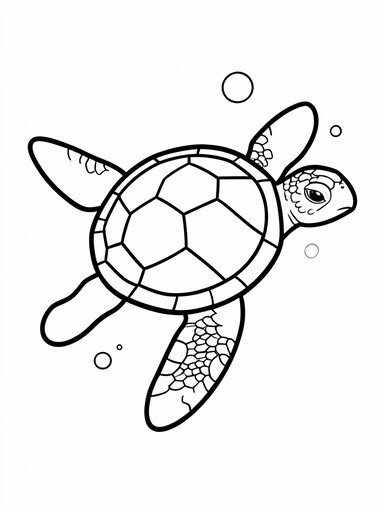 Sea turtle viewed from above with geometric shell scute pattern and four flippers spread wide coloring page