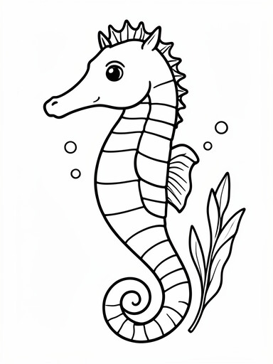 Seahorse with horse-like head, bony ring ridges, dorsal fin, and curling tail beside seaweed coloring page