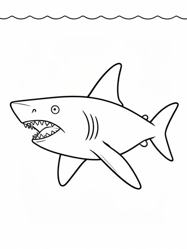 Great white shark with open jaws and tall dorsal fin coloring page