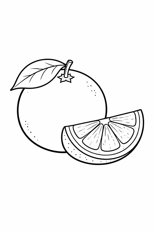 Orange coloring page showing a whole orange, a detailed slice, and a leaf PDF preview