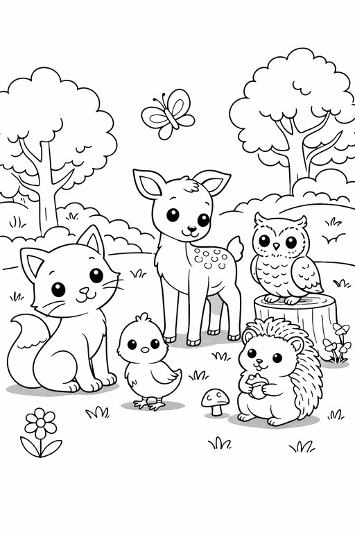 Owl perched, deer, and hedgehog in a woodland scene coloring page