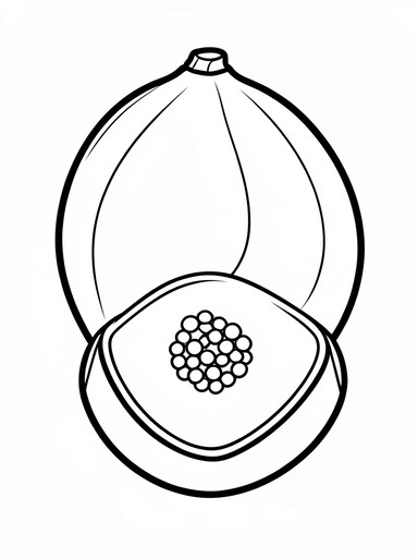 Papaya coloring page showing a whole oval papaya beside a halved papaya with a round cluster of seeds