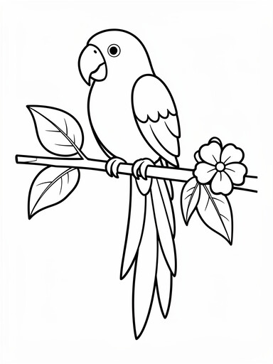 Parrot coloring page showing a tropical parrot perched on a branch with a long tail, leaves, and a flower