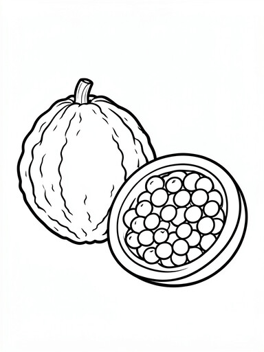 Passion fruit coloring page showing a whole round fruit beside a halved fruit full of round seeds