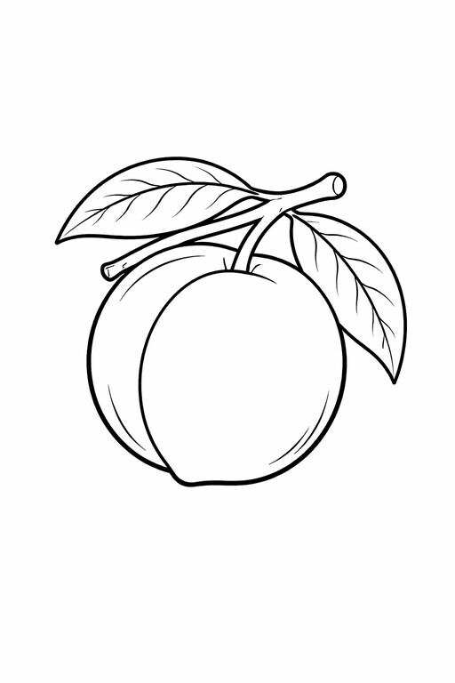 Peach coloring page showing a peach hanging from a small branch with a leaf PDF preview
