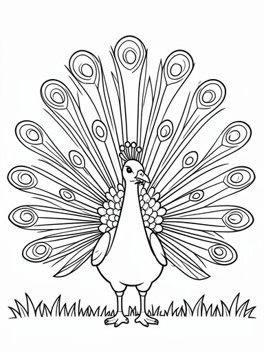 Peacock displaying full tail fan with eye-spot feathers and garden grass coloring page