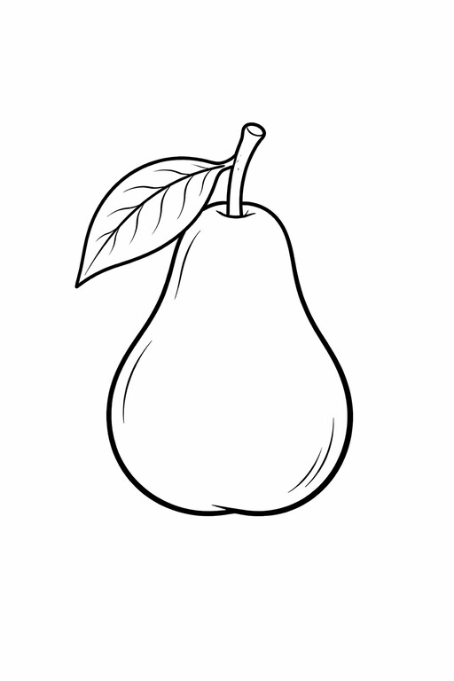 Pear coloring page showing a curved pear with a stem and leaf PDF preview