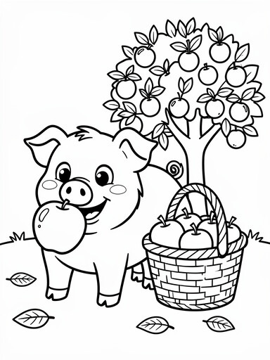 Pig with a Basket of Apples coloring page