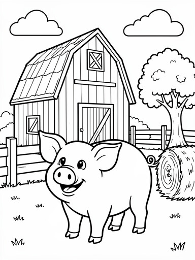 Pig on a Farm in Front of a Barn coloring page