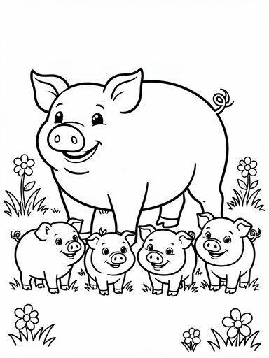 Mama Pig with Four Piglets coloring page