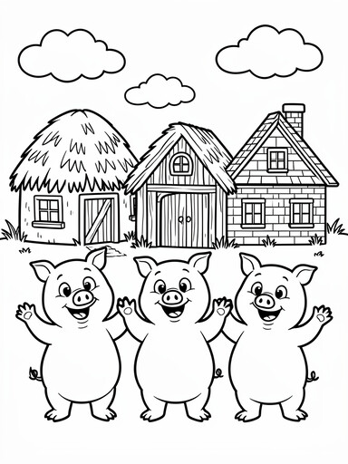 Three Little Pigs and Their Houses coloring page