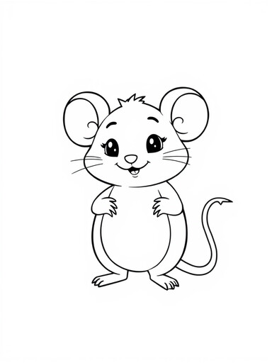 Pikachu round electric mouse character standing and smiling, coloring page PDF preview