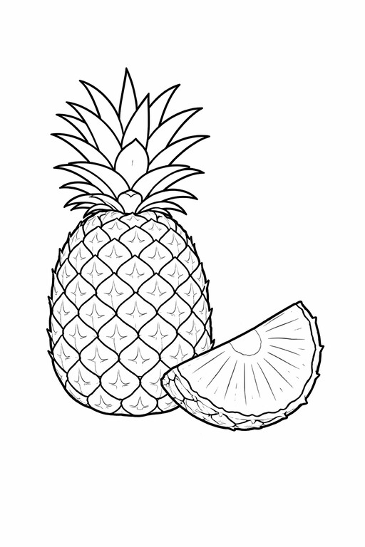 Pineapple coloring page showing a whole pineapple and a matching slice PDF preview