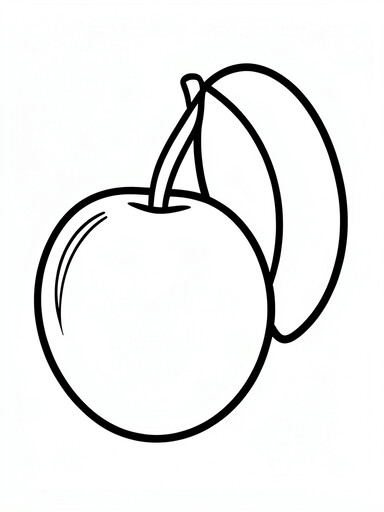 Plum coloring page showing a round fruit with a stem, a leaf, and a vertical crease line