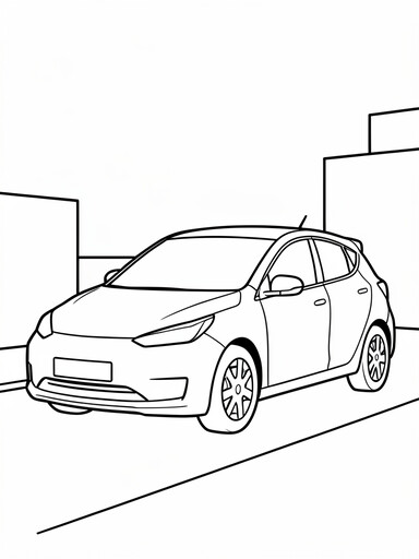 Polestar 2 coloring page showing a fastback hatchback with thin headlights and a closed front panel on a city street