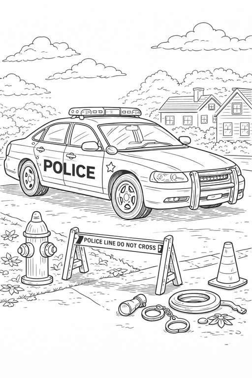 Police car patrolling the city coloring page PDF preview