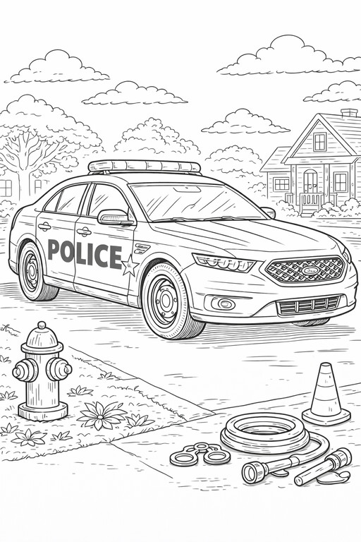 Police Car in City coloring page showing a police sedan on a neighborhood street with a hydrant, cones PDF preview