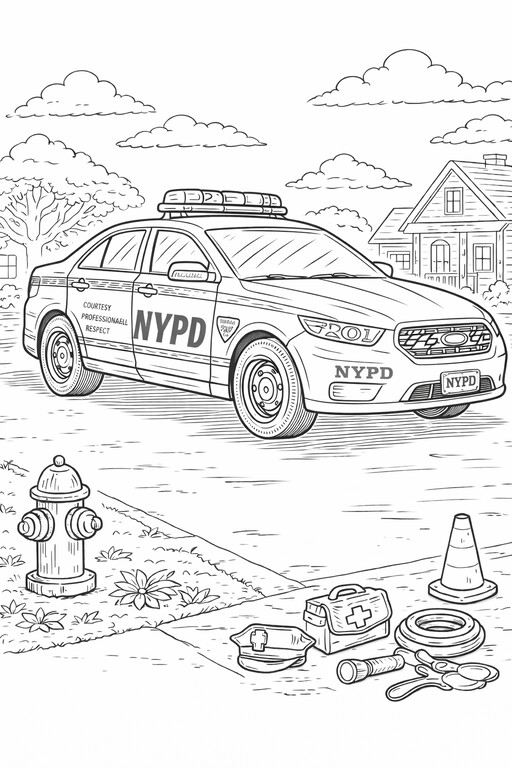 NYPD police car driving through the city coloring page PDF preview