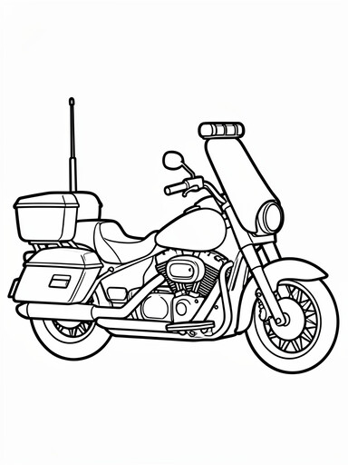 Police motorcycle coloring page showing a touring bike with a windshield light bar and saddlebags