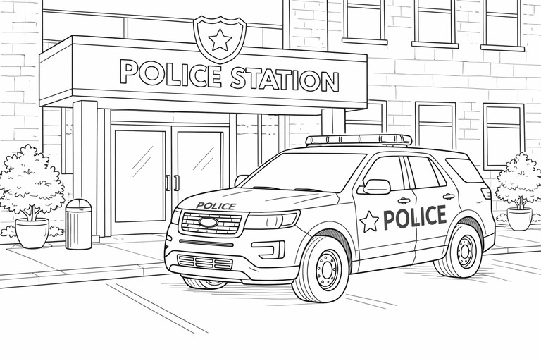 Police station and police car coloring page PDF preview
