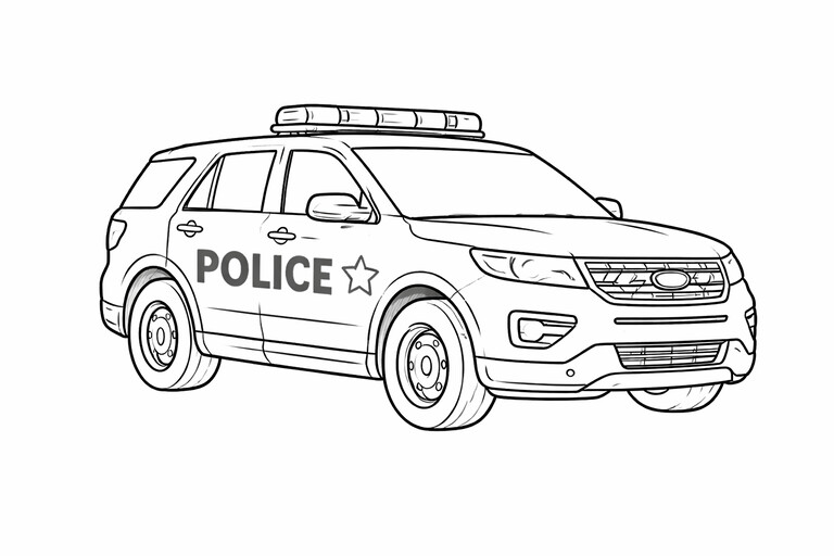 Police SUV coloring page showing a police SUV in a clean side view with roof lights and bold door badge details PDF preview