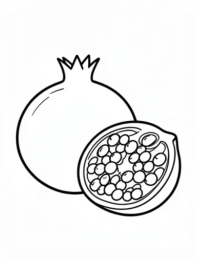Pomegranate coloring page showing a whole fruit with a crown top and a halved fruit full of round seeds